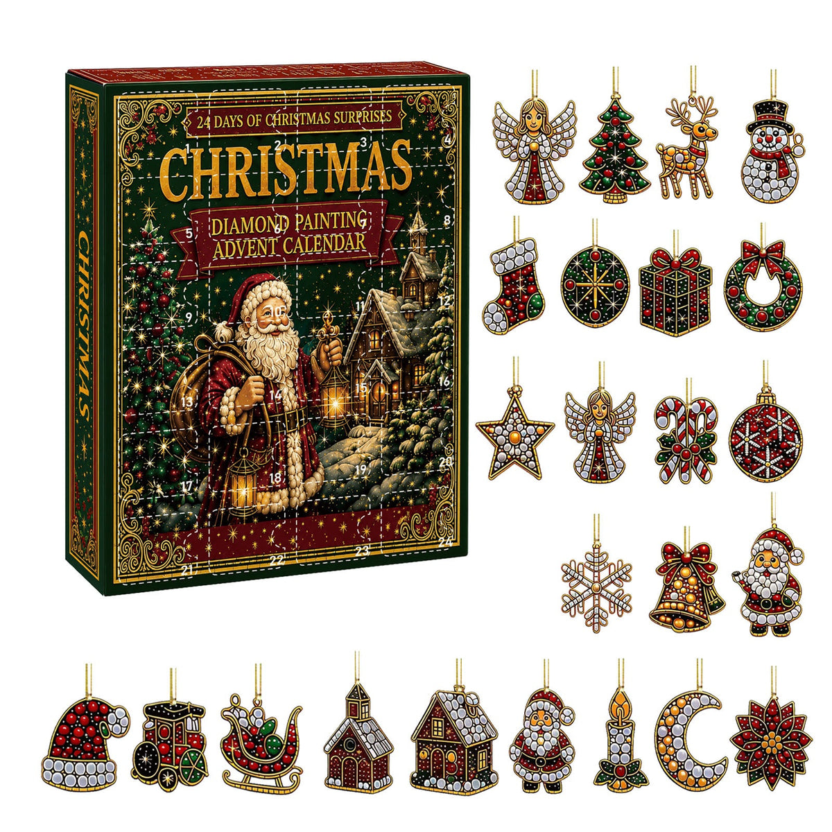 24-Day Christmas Diamond Painting Advent Calendar – DIY Holiday Ornament Kit with Festive Hanging Pendants