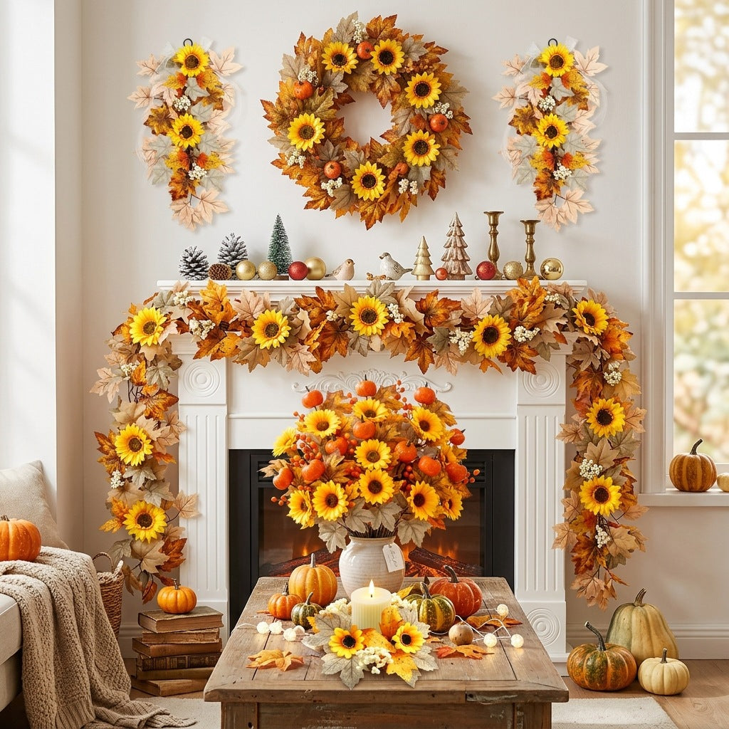 Sunflower & Maple Leaf Thanksgiving Garland, Handmade Silk Fall Wall Hanging Decor