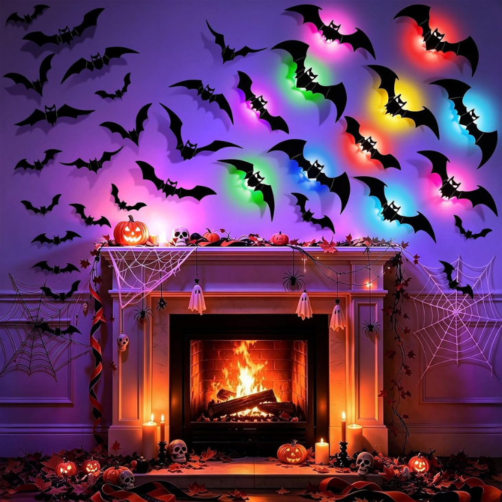 48P Bats Halloween Decorations 12P Rechargeable Lights With Remote