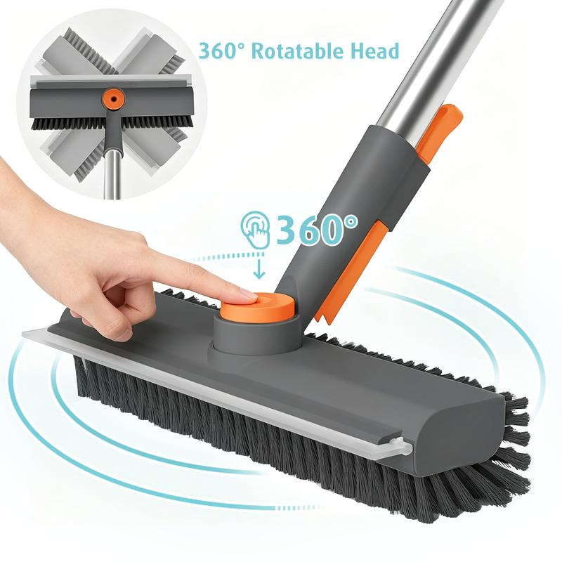3-in-1 Floor Scrub Brush with Adjustable Durable Long Handle - 360°Rotating Scraper, Heavy-Duty Stiff Bristles, Scrubber Squeegee Combo for Faster Clean, Bathroom, Patio - Multifunctional Home Care Supplies Broom