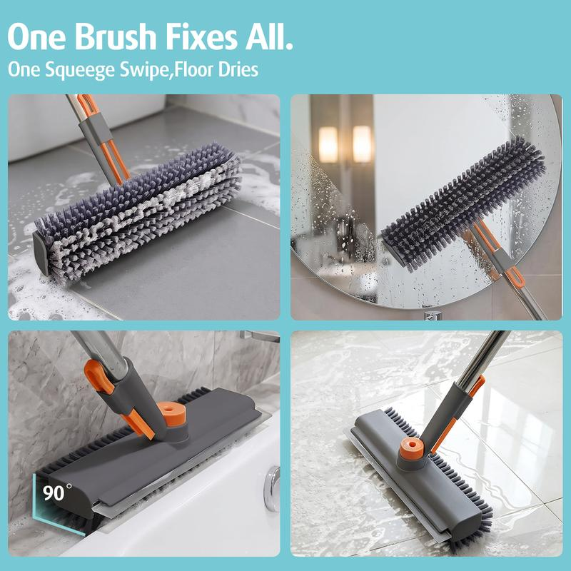 3-in-1 Floor Scrub Brush with Adjustable Durable Long Handle - 360°Rotating Scraper, Heavy-Duty Stiff Bristles, Scrubber Squeegee Combo for Faster Clean, Bathroom, Patio - Multifunctional Home Care Supplies Broom