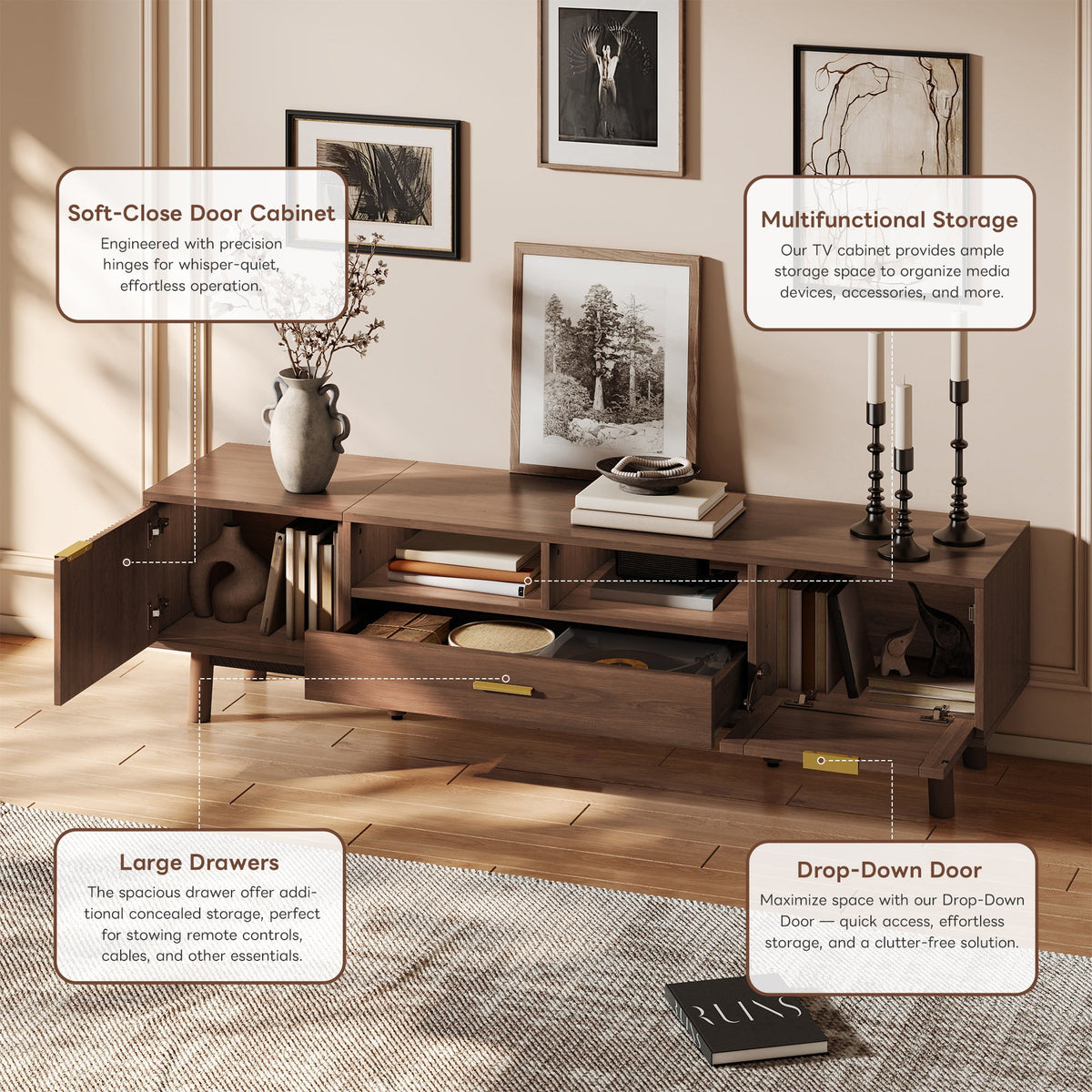 Wood Fashionable TV Stand For 75 TVs, TV Cabinet With Soft-Closing Door And Drop-Down Door Cabinet, Modern TV Consoles For Living Room, Bedroom