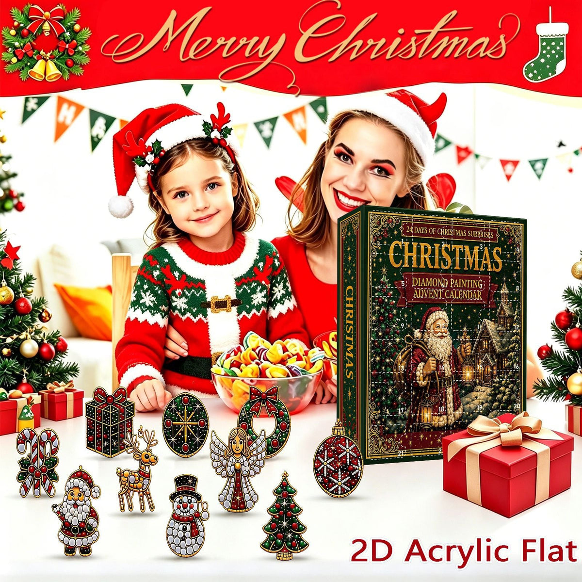 24-Day Christmas Diamond Painting Advent Calendar – DIY Holiday Ornament Kit with Festive Hanging Pendants