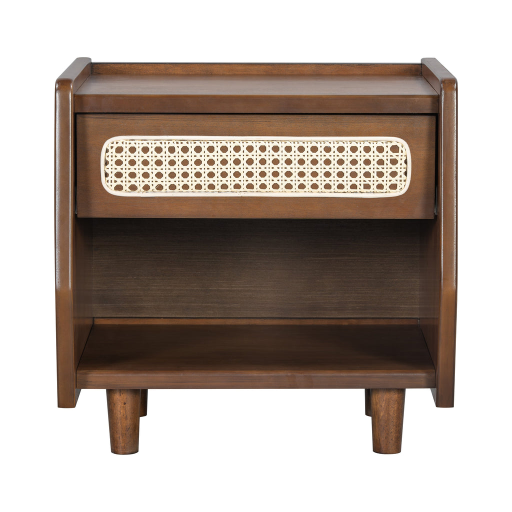 Walnut Nightstand With Rattan Detail, MDF   Solid Wood, Modern Bedroom Storage, Open Shelf & Drawer, Indoor Furniture