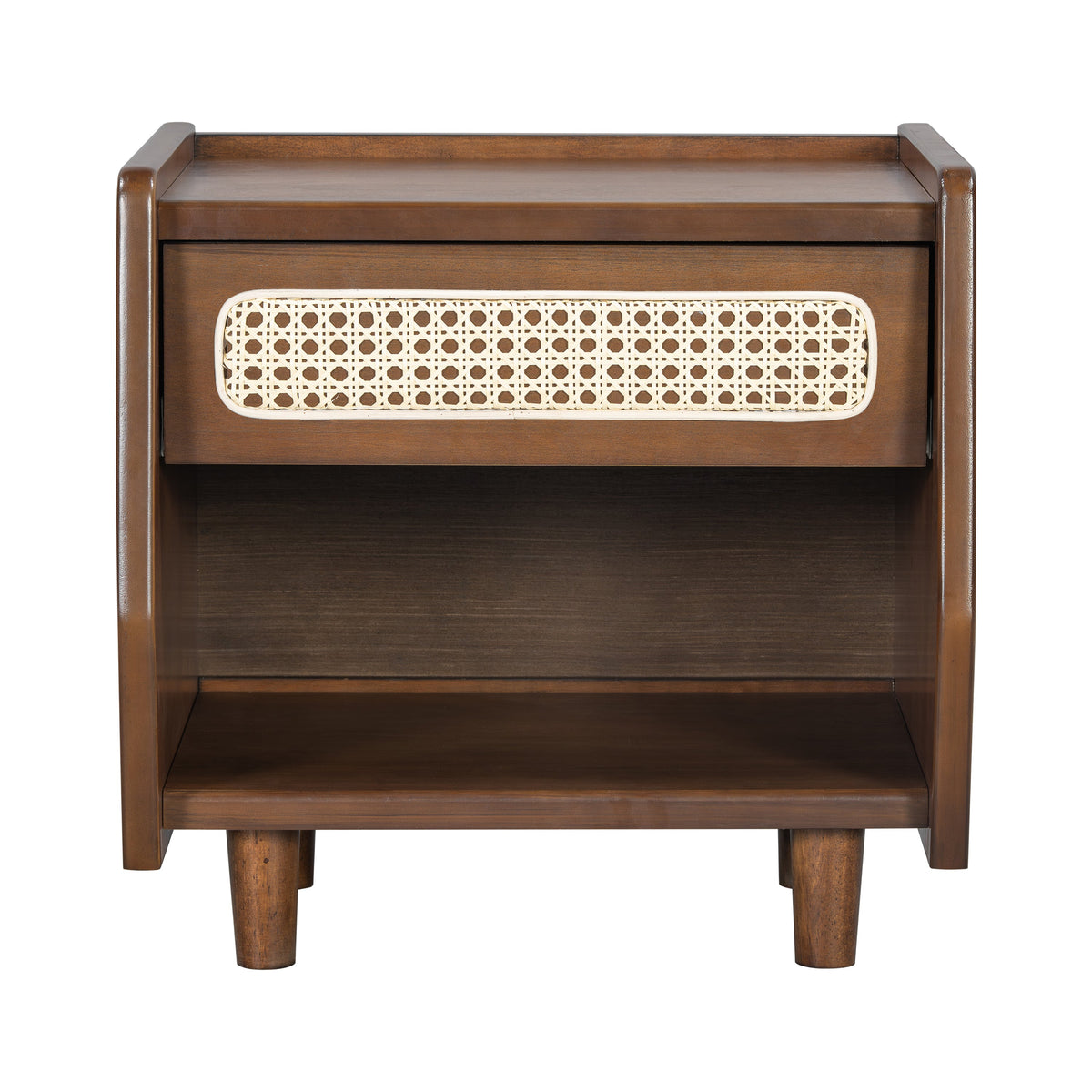 Walnut Nightstand With Rattan Detail, MDF   Solid Wood, Modern Bedroom Storage, Open Shelf & Drawer, Indoor Furniture