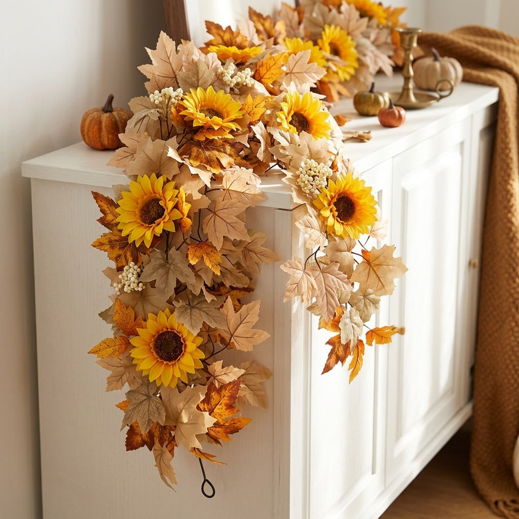 Sunflower & Maple Leaf Thanksgiving Garland, Handmade Silk Fall Wall Hanging Decor