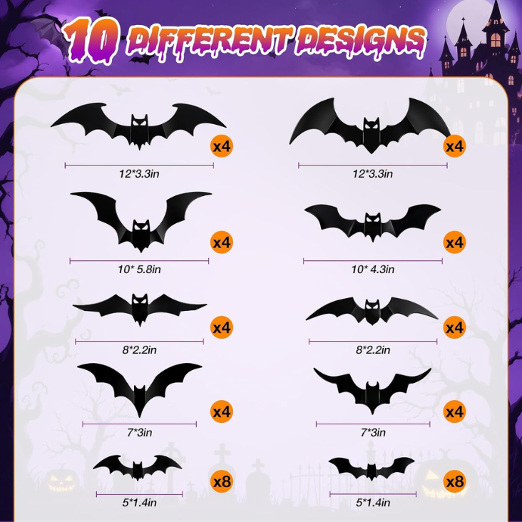 48P Bats Halloween Decorations 12P Rechargeable Lights With Remote