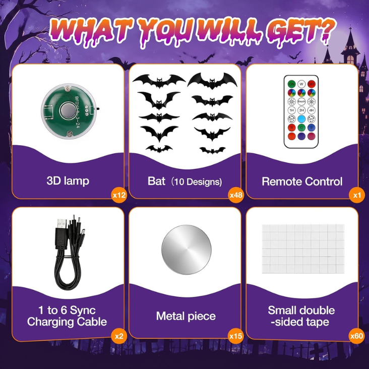 48P Bats Halloween Decorations 12P Rechargeable Lights With Remote