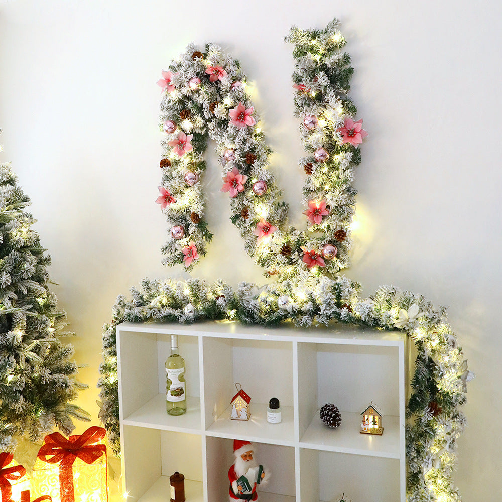 Artificial Snow-Flocked Christmas Garland with Pinecones, Bows & Ornaments