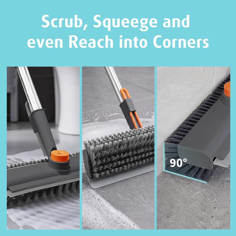 3-in-1 Floor Scrub Brush with Adjustable Durable Long Handle - 360°Rotating Scraper, Heavy-Duty Stiff Bristles, Scrubber Squeegee Combo for Faster Clean, Bathroom, Patio - Multifunctional Home Care Supplies Broom