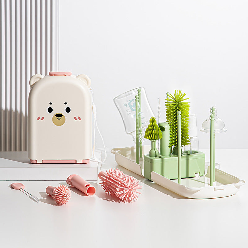Travel Baby Bottle Brush Set - Portable Cup Cleaning Brush Set with Drying Rack and Storage Case for Bottles, Straws, Lids and Tumblers