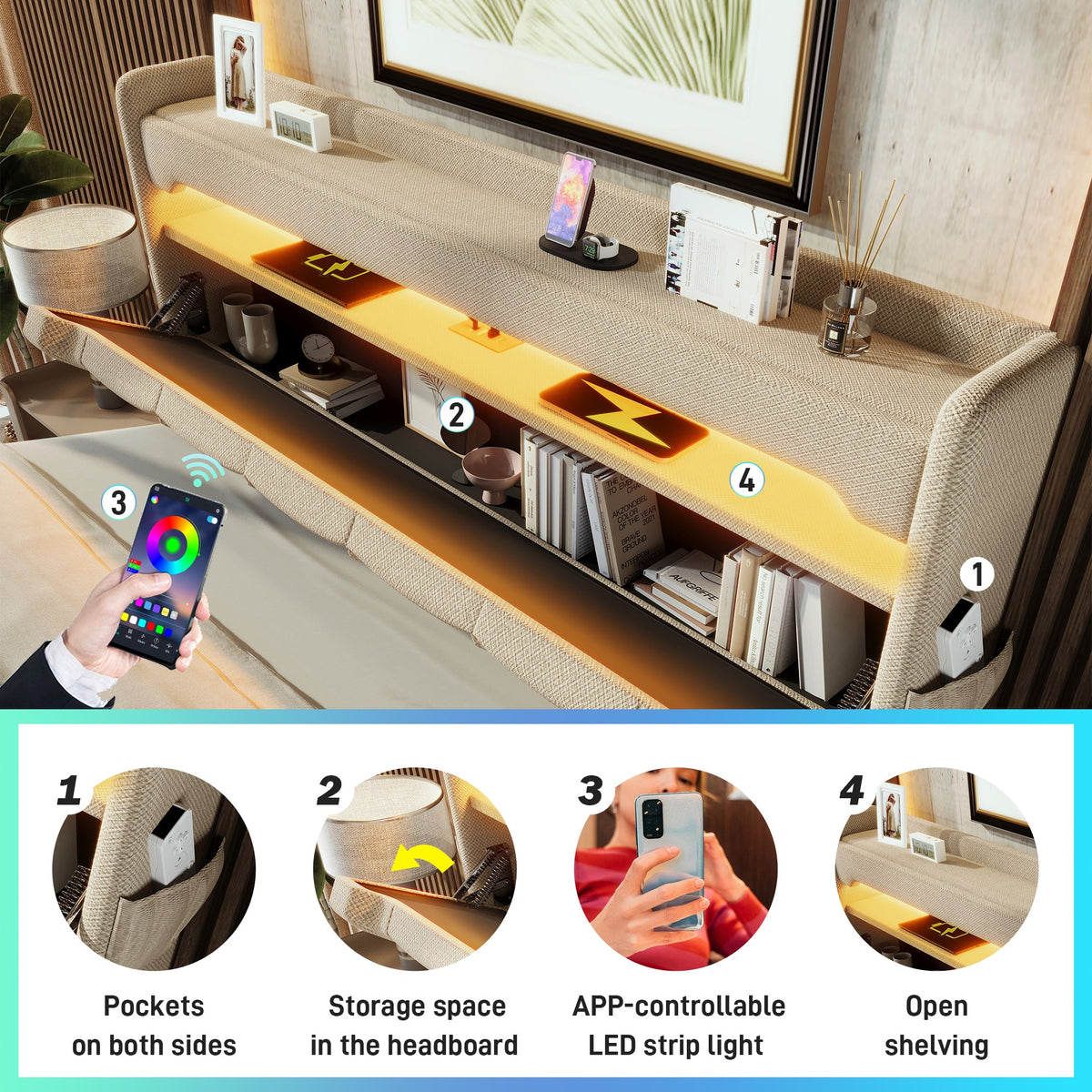 Upholstered Bed 135 X 190 Cm With LED Lighting, USB Type-C Charging, Storage Headboard For Cellphones And Tablets, 4ft6 Hydraulic Storage Bed With Metal Slatted Frame, Linen, Beige No Mattress