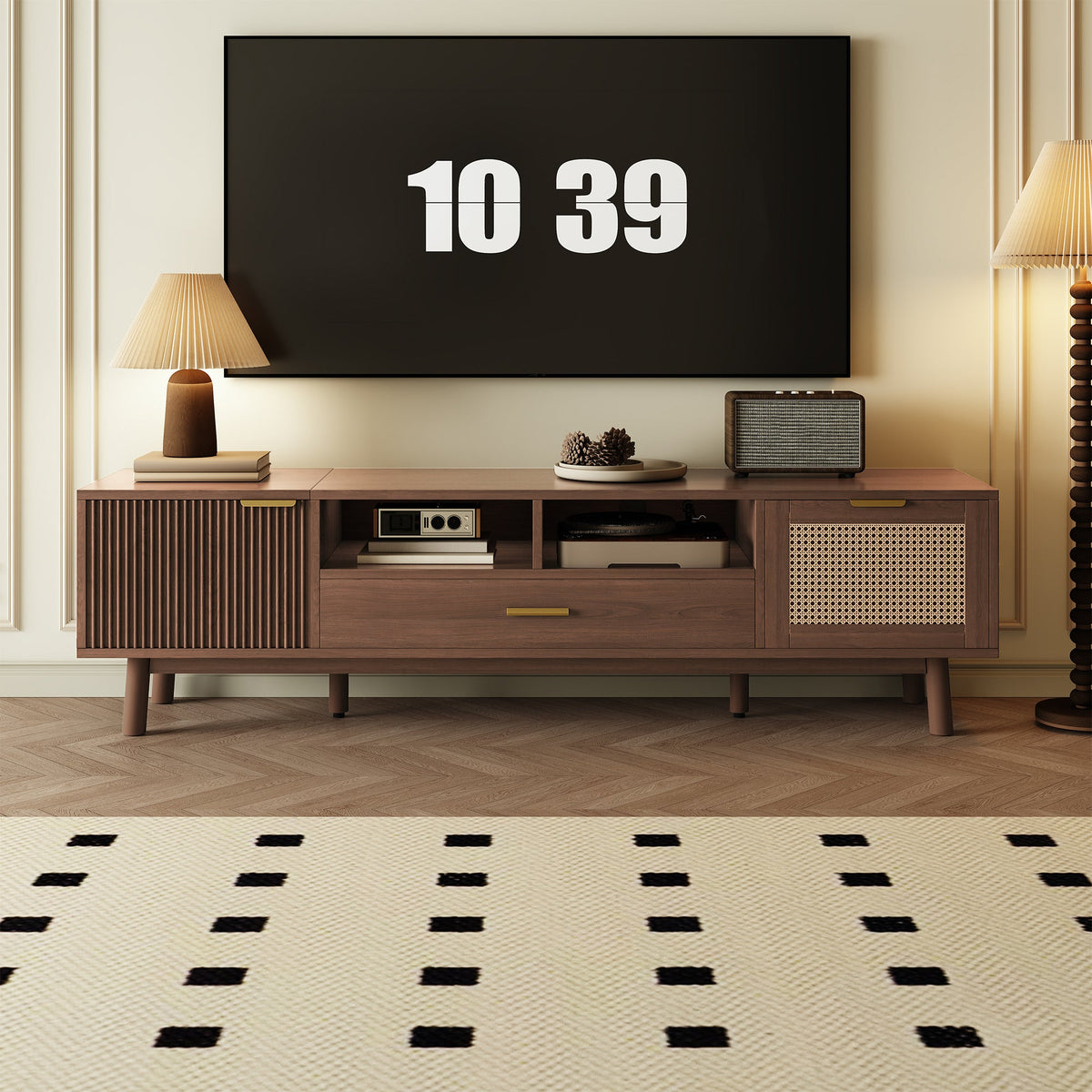 Wood Fashionable TV Stand For 75 TVs, TV Cabinet With Soft-Closing Door And Drop-Down Door Cabinet, Modern TV Consoles For Living Room, Bedroom