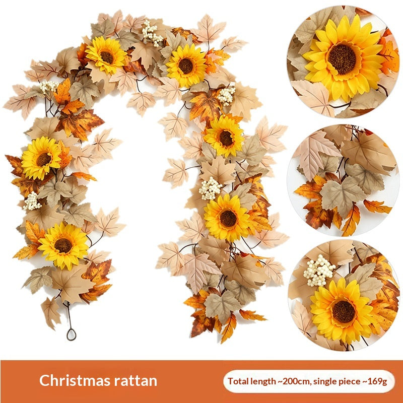 Sunflower & Maple Leaf Thanksgiving Garland, Handmade Silk Fall Wall Hanging Decor