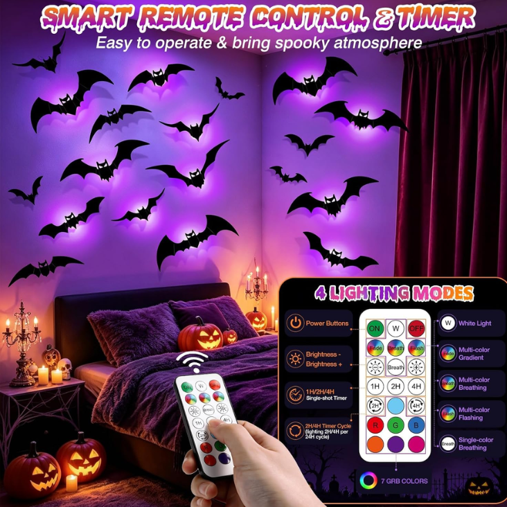 48P Bats Halloween Decorations 12P Rechargeable Lights With Remote