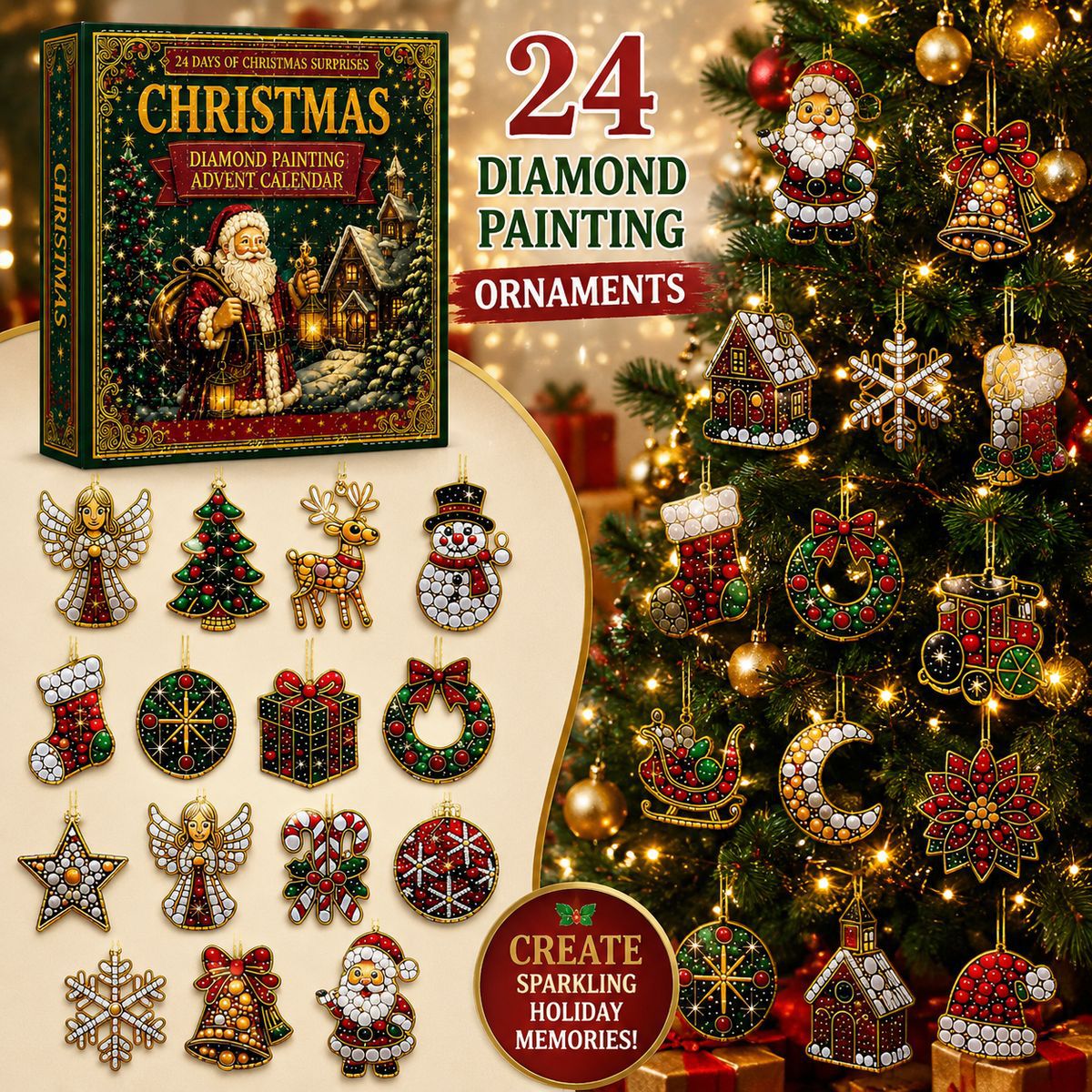 24-Day Christmas Diamond Painting Advent Calendar – DIY Holiday Ornament Kit with Festive Hanging Pendants