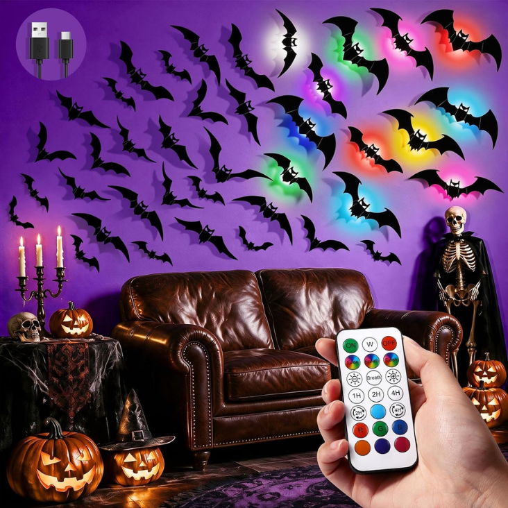 48P Bats Halloween Decorations 12P Rechargeable Lights With Remote