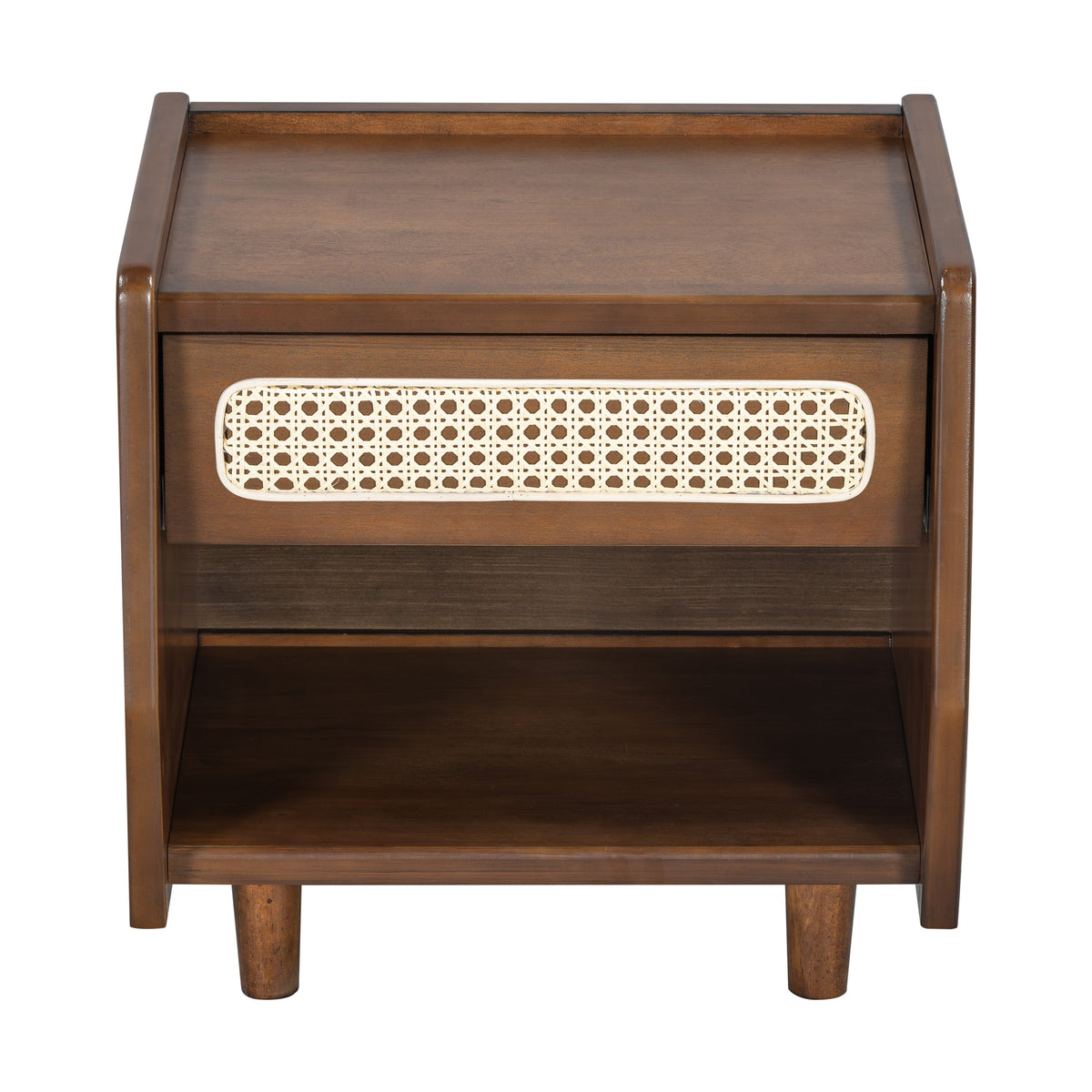 Walnut Nightstand With Rattan Detail, MDF   Solid Wood, Modern Bedroom Storage, Open Shelf & Drawer, Indoor Furniture