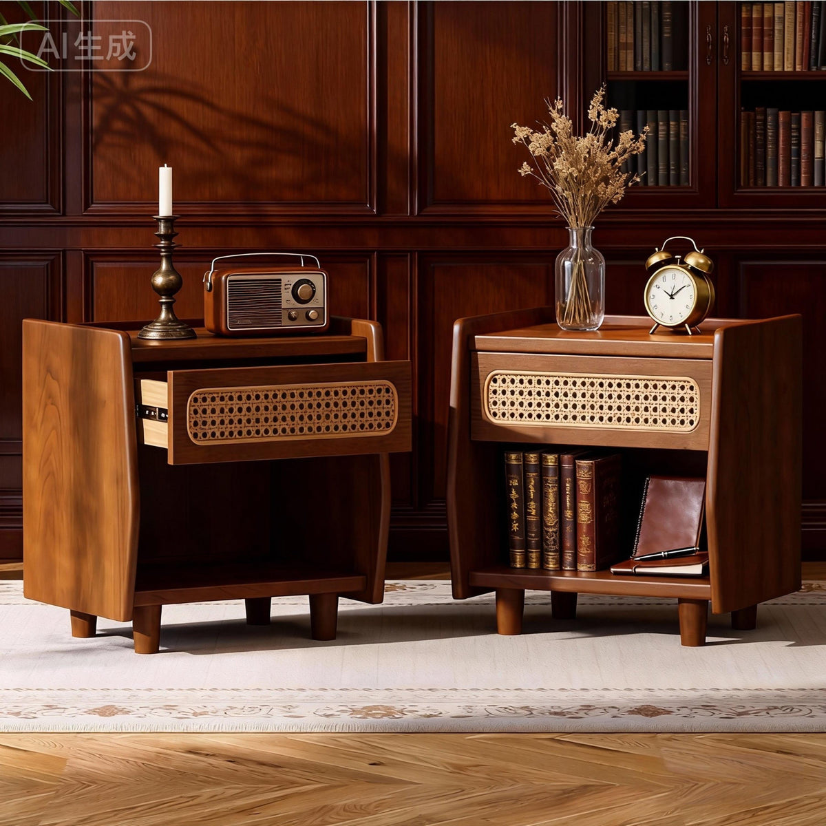 Walnut Nightstand With Rattan Detail, MDF   Solid Wood, Modern Bedroom Storage, Open Shelf & Drawer, Indoor Furniture
