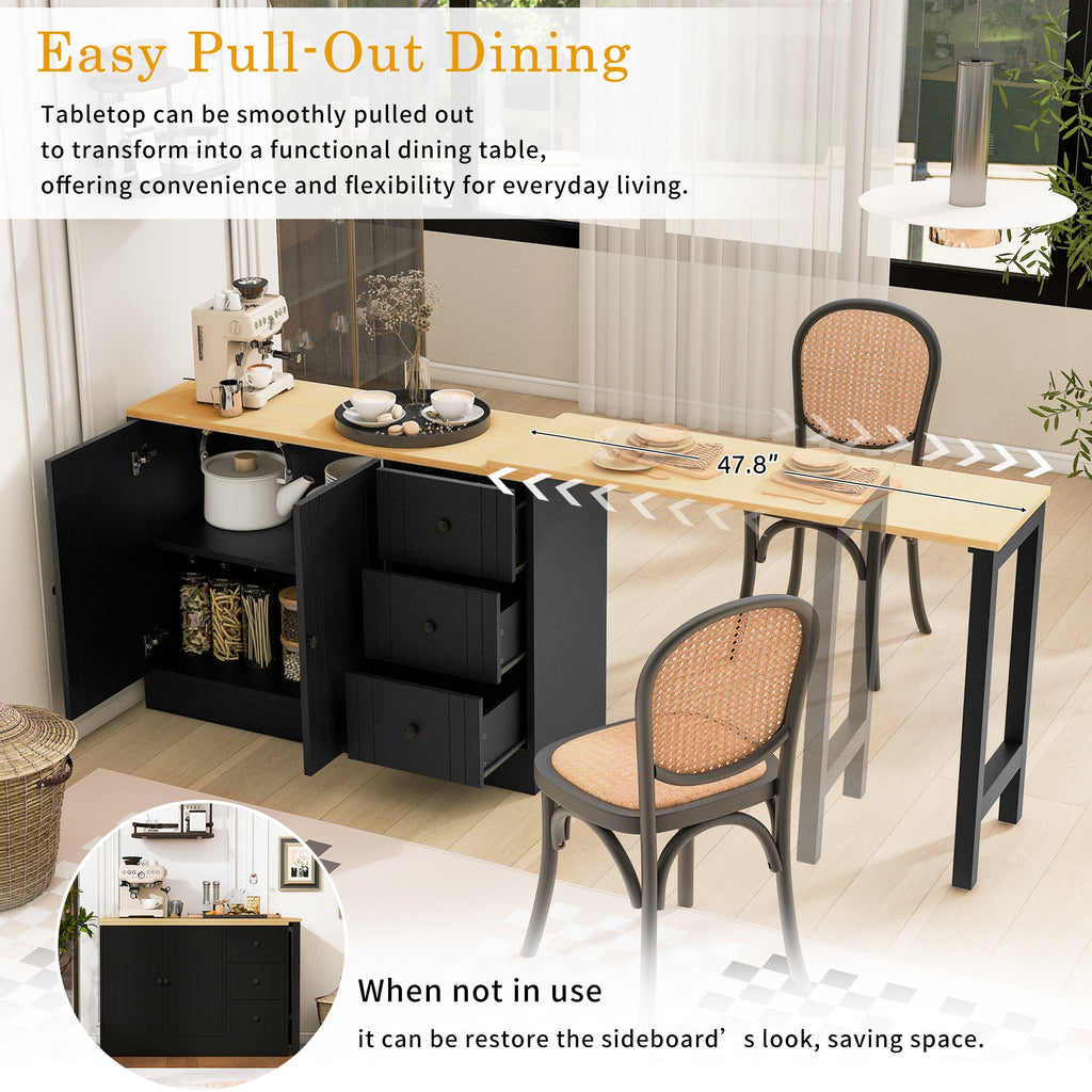 U-STYLE 89.7 Wooden Sideboard With Extendable Table Multifunctional Storage Cabinet With 2 Doors And 3 Drawers For Living Room Study Foyer And Kitchen