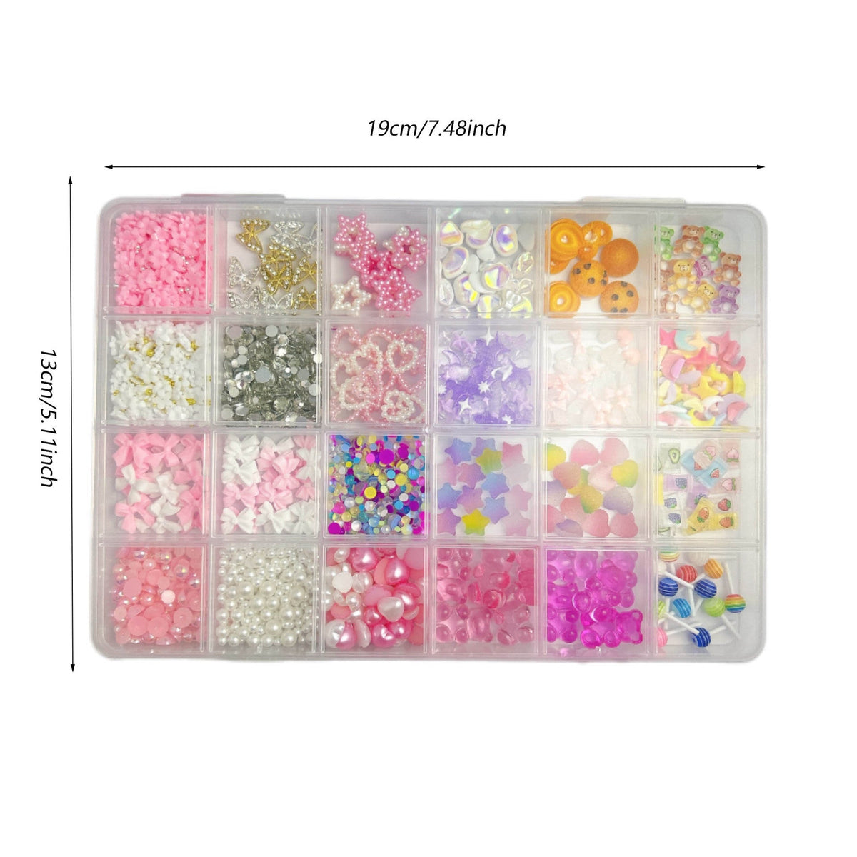 24-Compartment Pink Y2K Nail Charms Kit with 3D Bears, Bows, Hearts, Pearls and Rhinestones