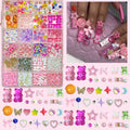 24-Compartment Pink Y2K Nail Charms Kit with 3D Bears, Bows, Hearts, Pearls and Rhinestones