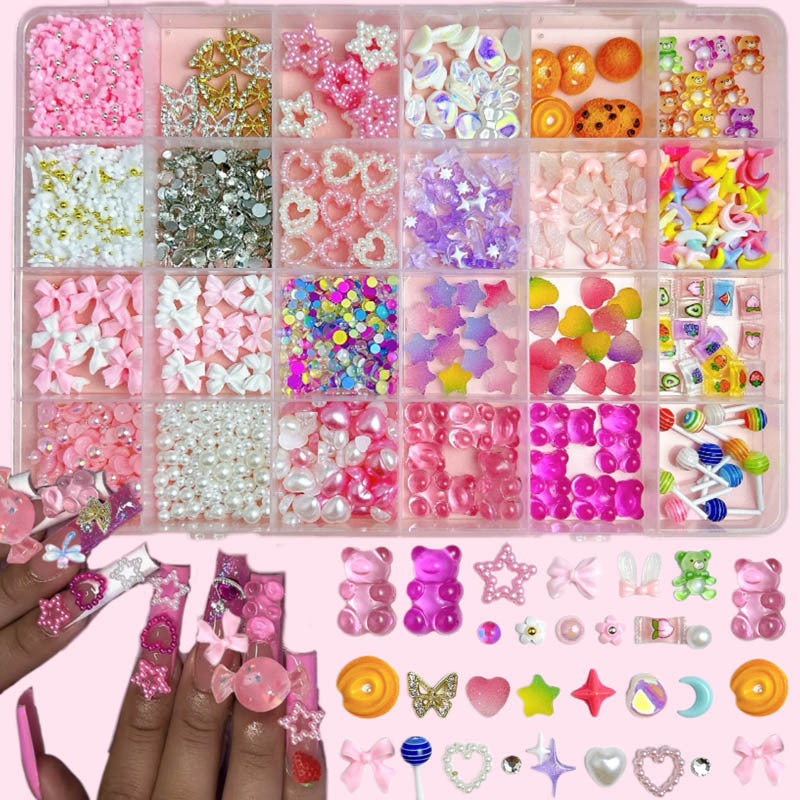 24-Compartment Pink Y2K Nail Charms Kit with 3D Bears, Bows, Hearts, Pearls and Rhinestones