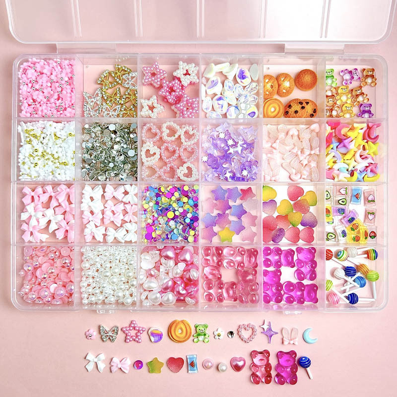 24-Compartment Pink Y2K Nail Charms Kit with 3D Bears, Bows, Hearts, Pearls and Rhinestones