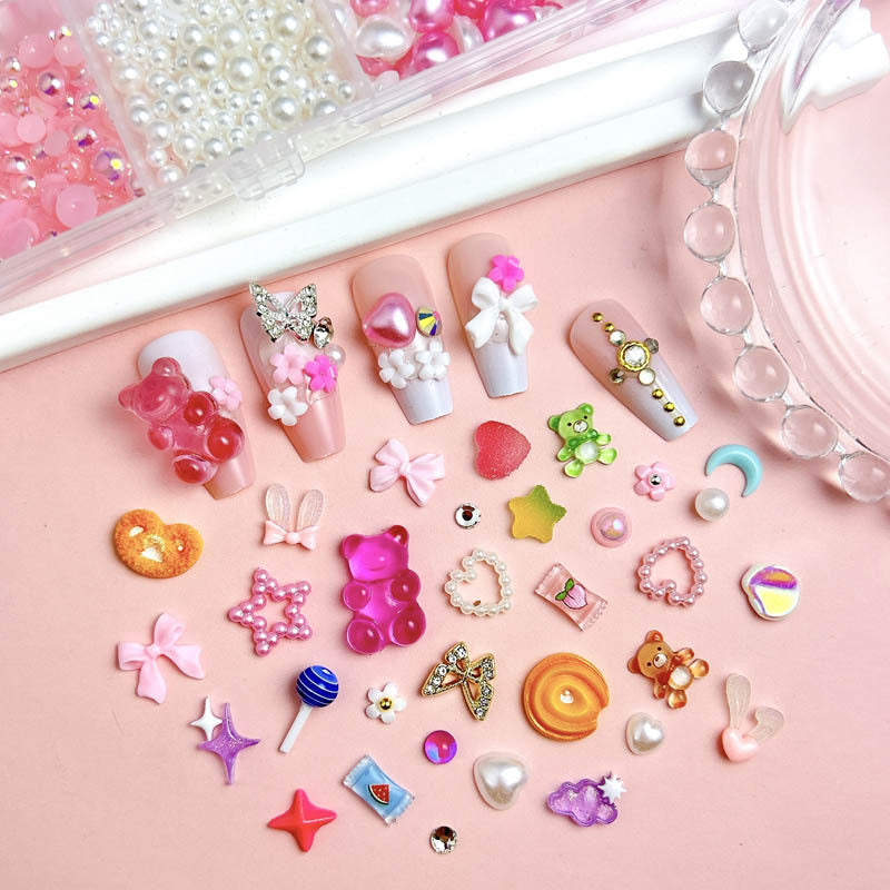 24-Compartment Pink Y2K Nail Charms Kit with 3D Bears, Bows, Hearts, Pearls and Rhinestones