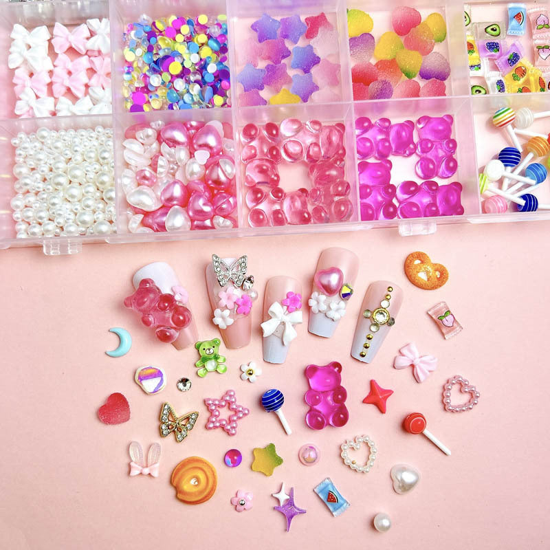 24-Compartment Pink Y2K Nail Charms Kit with 3D Bears, Bows, Hearts, Pearls and Rhinestones