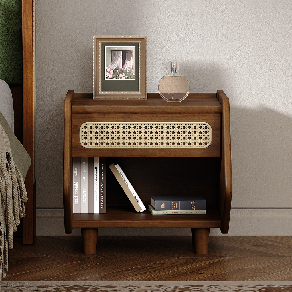 Walnut Nightstand With Rattan Detail, MDF   Solid Wood, Modern Bedroom Storage, Open Shelf & Drawer, Indoor Furniture