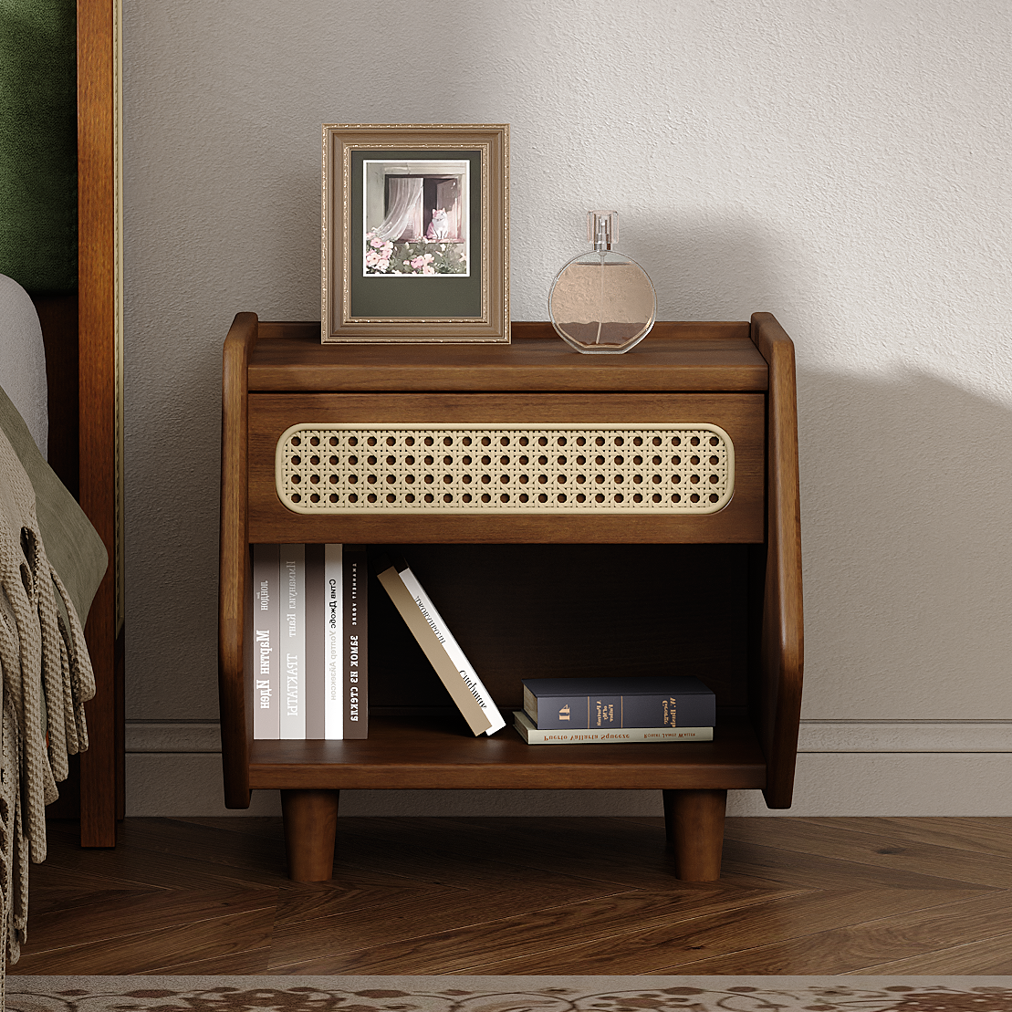 Walnut Nightstand With Rattan Detail, MDF   Solid Wood, Modern Bedroom Storage, Open Shelf & Drawer, Indoor Furniture