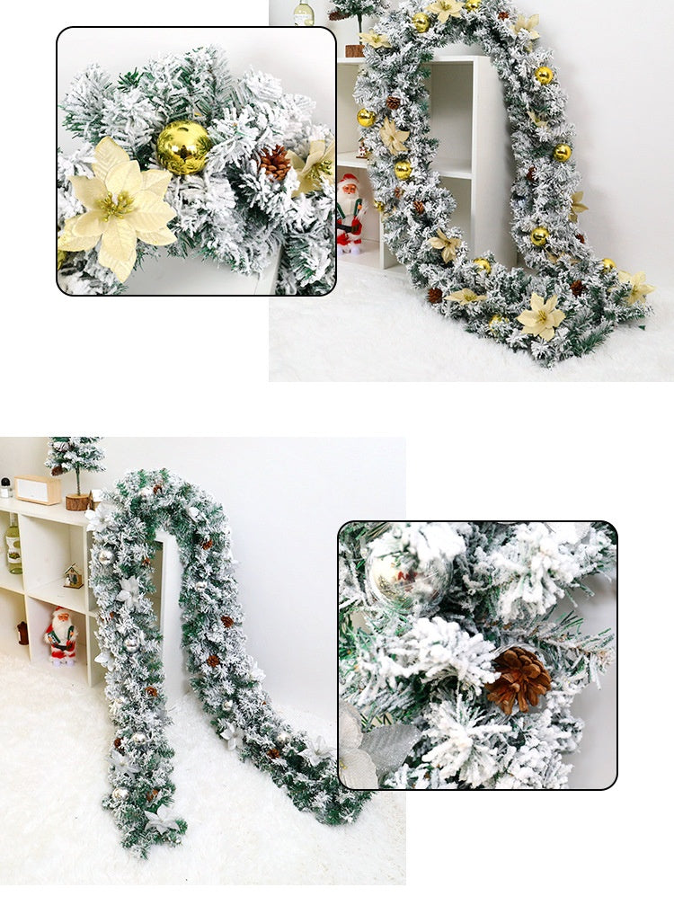 Artificial Snow-Flocked Christmas Garland with Pinecones, Bows & Ornaments