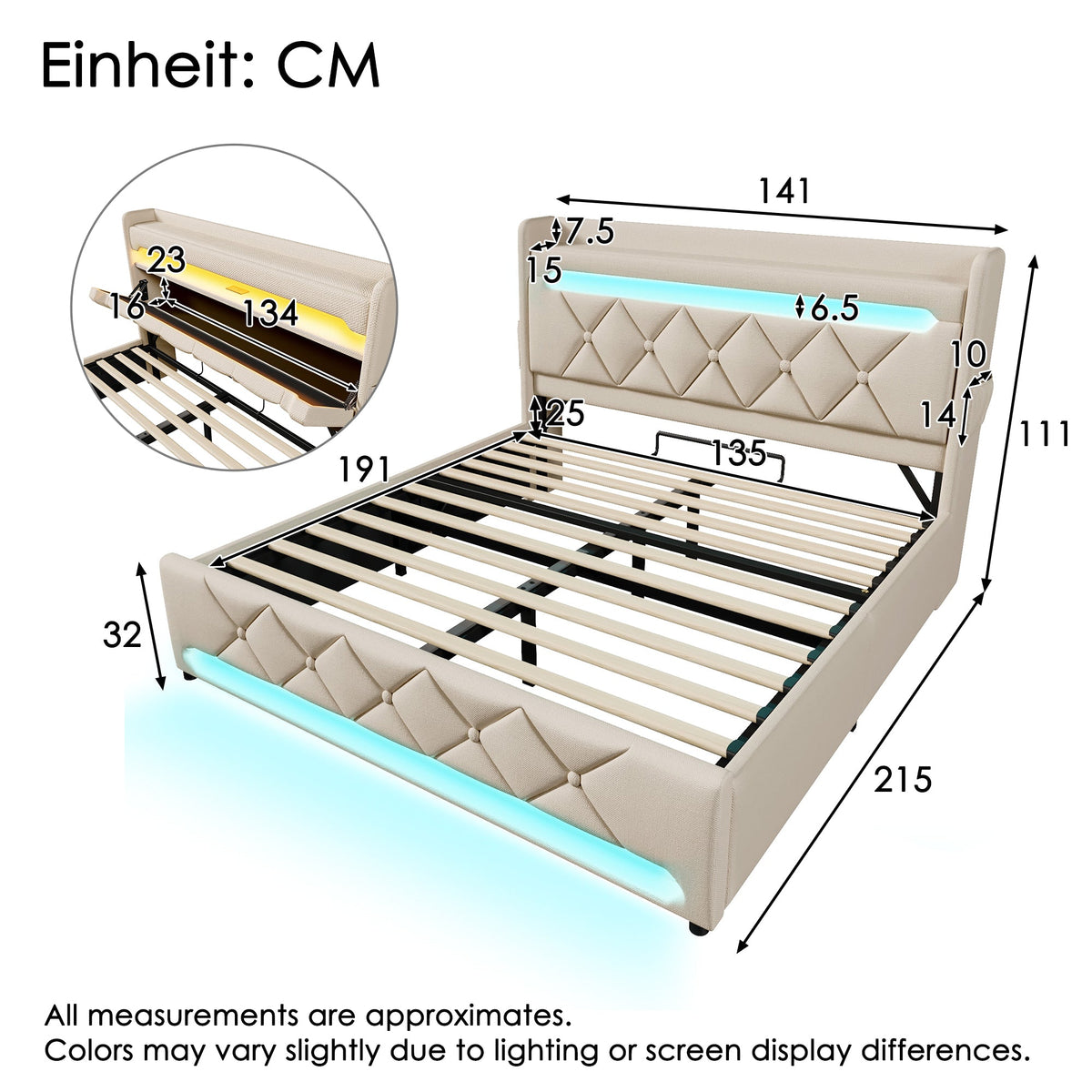 Upholstered Bed 135 X 190 Cm With LED Lighting, USB Type-C Charging, Storage Headboard For Cellphones And Tablets, 4ft6 Hydraulic Storage Bed With Metal Slatted Frame, Linen, Beige No Mattress