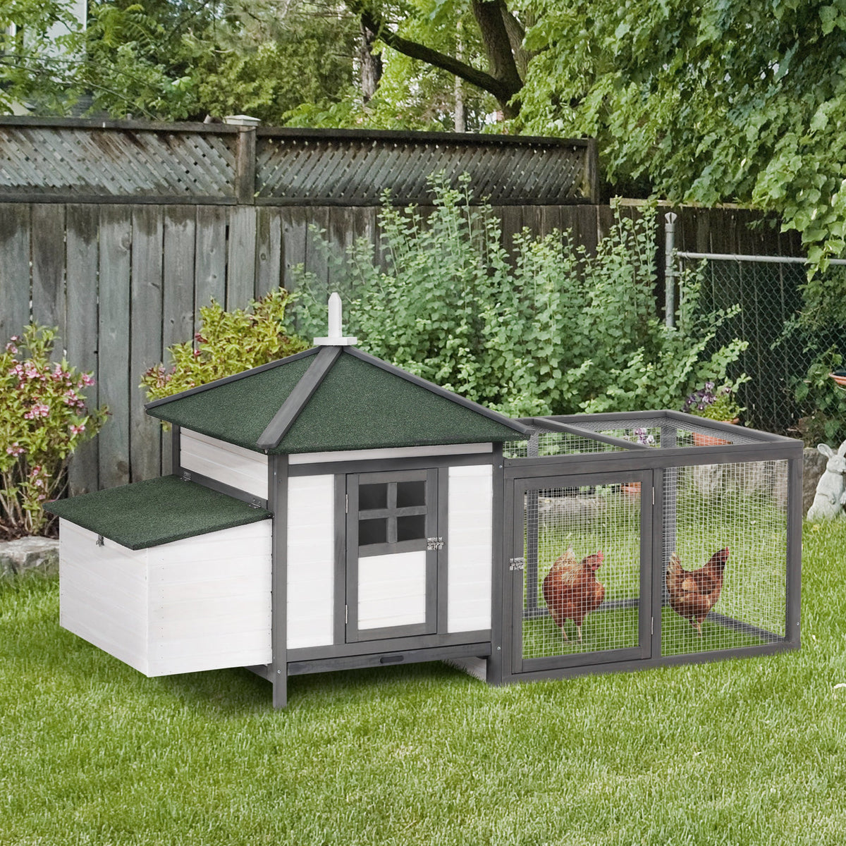 77-Inch Wooden Chicken Coop with Enclosed Run, Nesting Box and Removable Cleaning Tray