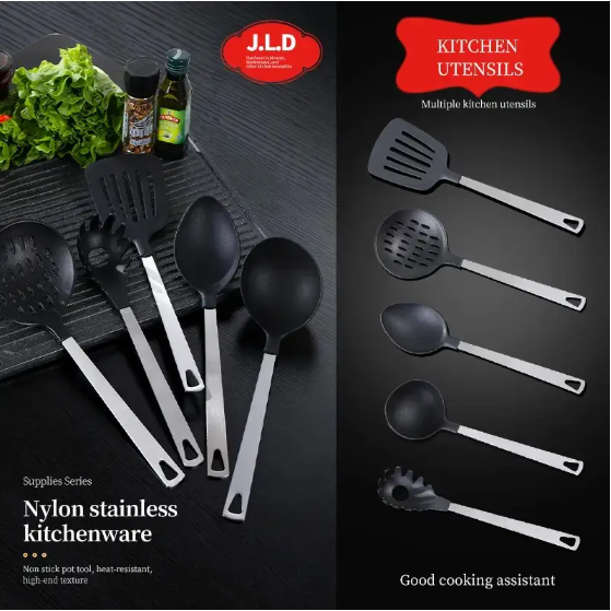 Cooking Utensil Set Premium 5 Piece Kitchen Utensil Set - Stainless Steel Handle And Nylon Faucet, Non-Stick, Heat Resistant, For Home, Kitchen Gift