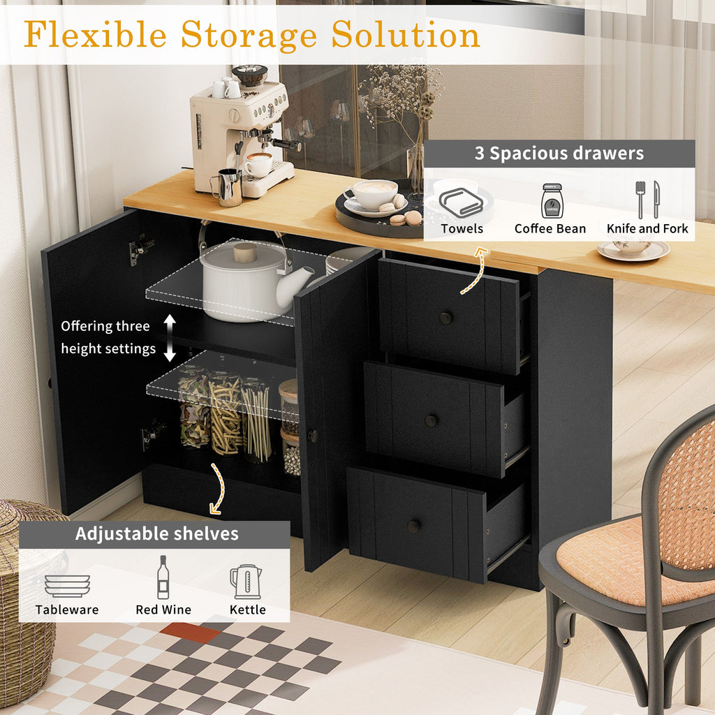 U-STYLE 89.7 Wooden Sideboard With Extendable Table Multifunctional Storage Cabinet With 2 Doors And 3 Drawers For Living Room Study Foyer And Kitchen