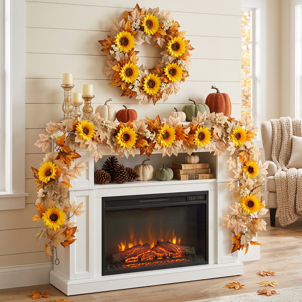 Sunflower & Maple Leaf Thanksgiving Garland, Handmade Silk Fall Wall Hanging Decor