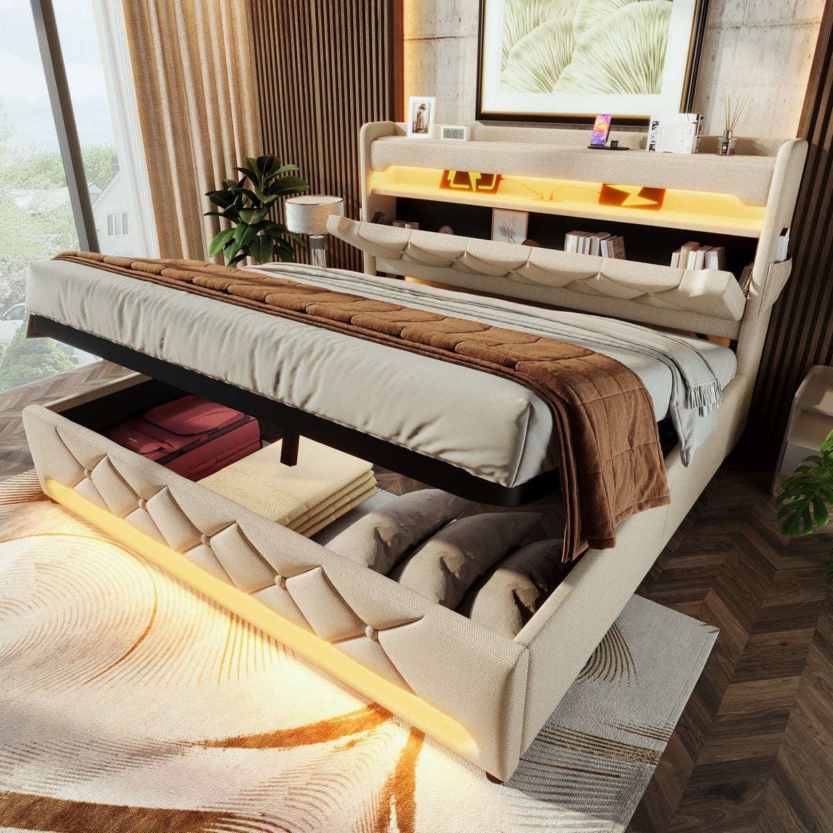 Upholstered Bed 135 X 190 Cm With LED Lighting, USB Type-C Charging, Storage Headboard For Cellphones And Tablets, 4ft6 Hydraulic Storage Bed With Metal Slatted Frame, Linen, Beige No Mattress