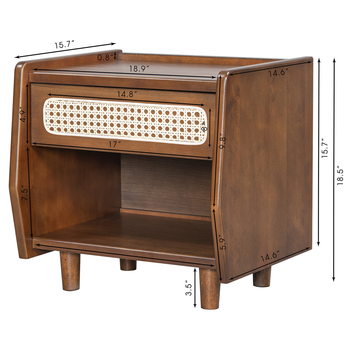 Walnut Nightstand With Rattan Detail, MDF   Solid Wood, Modern Bedroom Storage, Open Shelf & Drawer, Indoor Furniture