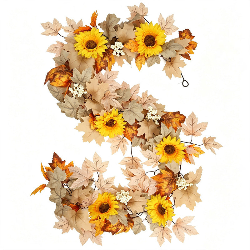 Sunflower & Maple Leaf Thanksgiving Garland, Handmade Silk Fall Wall Hanging Decor